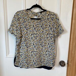 Zara Yellow and Blue Floral Short-Sleeve Blouse